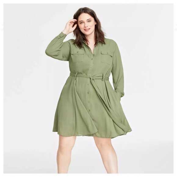 On 34th Women's Plus Size 2X Chambray Belted Shirtdress  Fit & Flare Long Sleeve - Picture 1 of 8